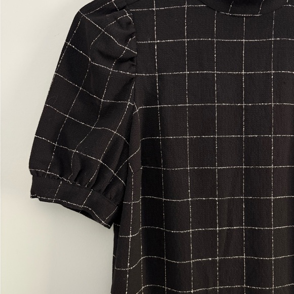LOFT Windowpane Mock Neck Puff Sleeve Dress Black 0P - Picture 5 of 11